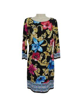 Cache Womens 4 Tropical Hibiscus Flower Floral Gold Scroll Floral Sheath Dress
